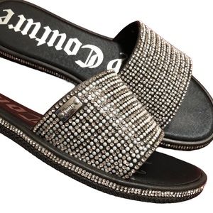 Juicy Couture Black Slide Sandals with Silver Crystal Embellishment